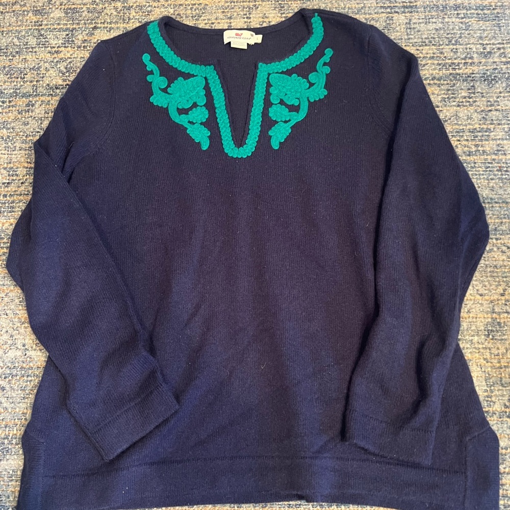 Vineyard Vines Navy Cashmere Sweater with Green Applique - Size L